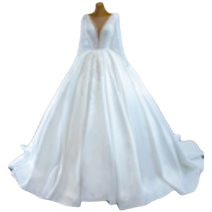 Wedding Dress Ball Gown V Neck Long Sleeves Satin White Plus Size With Pearls Handmade Vintage Style - Product Image 5