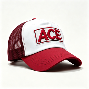 Casquette Trucker Bicolore 6 Panneaux avec Broderie Personnalisée Logo Rouge Vin et Blanc, Dos en Maille, Fermeture Snapback, Unisexe, Respirante pour l'Été et l'Extérieur - Product Image 3