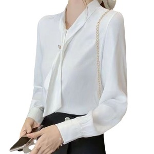 <span class=keywords><strong>Camicia</strong></span> in Chiffon da Donna, Nuovo Design Vintage con Perline, Top Elegante con Drappeggio, Maniche Lunghe, Primavera e Autunno, Bianco con Fiocchi - Product Image 4