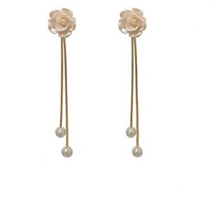 Korean INS Trend Luxury Gold Plated Zinc Alloy Long Tassel Pearl Flower Camellia Drop <b>Earrings</b> Jewelry for Women - Product Image 6