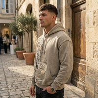 Sweat à capuche délavé vintage gris kaki, épais et vieilli, avec patchwork graffiti, style streetwear, personnalisable OEM, vente en gros, imprimé décontracté