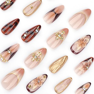 24 Uds./set <span class=keywords><strong>Uñas</strong></span> Postizas Acrílicas Suaves 3647 <span class=keywords><strong>con</strong></span> Diseño Floral 3D, Efecto Maillard y Cruz, Forma Almendrada Corta, <span class=keywords><strong>Uñas</strong></span> Artificiales a Presión - Product Image 3