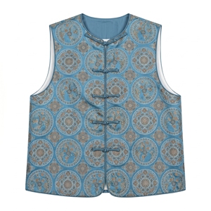 Gilet da donna <span class=keywords><strong>blu</strong></span> circolare floreale in jacquard broccato, nuovo stile cinese, con bottoni a rana mandarino, senza maniche - Product Image 4