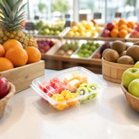 Wegwerp transparante PET fruitverpakking met klikdeksel, 4 compartimenten, voor verse gesneden fruitsalade, groothandel, food grade