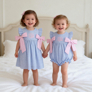 Set di Abbigliamento Estivo <span class=keywords><strong>per</strong></span> Bambine, <span class=keywords><strong>Vestiti</strong></span> in Seersucker con Monogramma, Set con Pannolino, Abiti da Principessa <span class=keywords><strong>per</strong></span> Bambine - Product Image 3