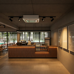 Una cafetería de estilo industrial, con una acogedora barra de madera y una vitrina en la que se exponen apetitosos pasteles. - Product Image 1