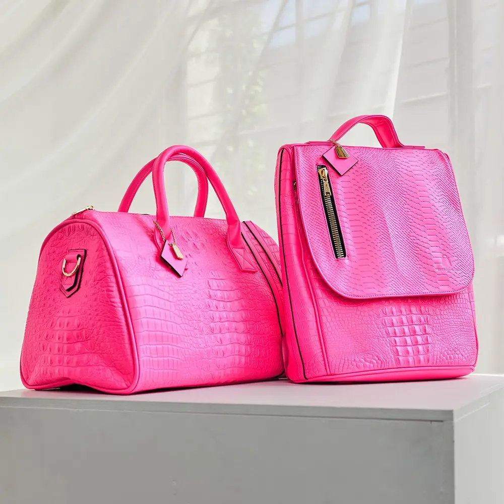 Ensemble de sac à dos et sac de voyage pour femmes, en cuir pu, couleur néon rose, Logo personnalisé, vente en gros