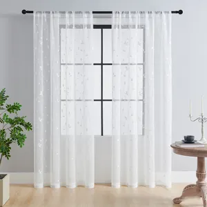 Cortina de estilo simples para decoração de quarto, cortina bordada de folhas para janelas, transparente para sala de estar
