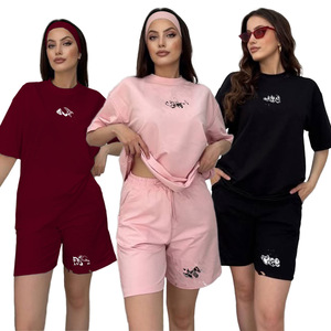 Conjunto de Tops y Shorts Holgados con Estampado de Letras para Mujer, Ropa Deportiva Casual de Verano, por Encima de la Rodilla, de Poliéster y Algodón, Cuello Redondo - Product Image 1