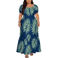 Robe longue maxi personnalisée grande taille pour femme, imprimé floral tropical tribal vert, col carré, manches courtes bouffantes