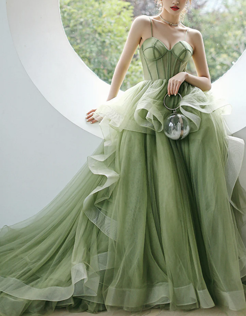 Shop Our 15301# Green Sweep Train Lace Strapless Wedding Dress