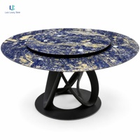 Table à manger ronde en marbre bleu Luca Bolivie |   Plateau tournant en pierre polie avec base en métal noir, sur mesure, de luxe, pour salle à manger, fabrication OEM