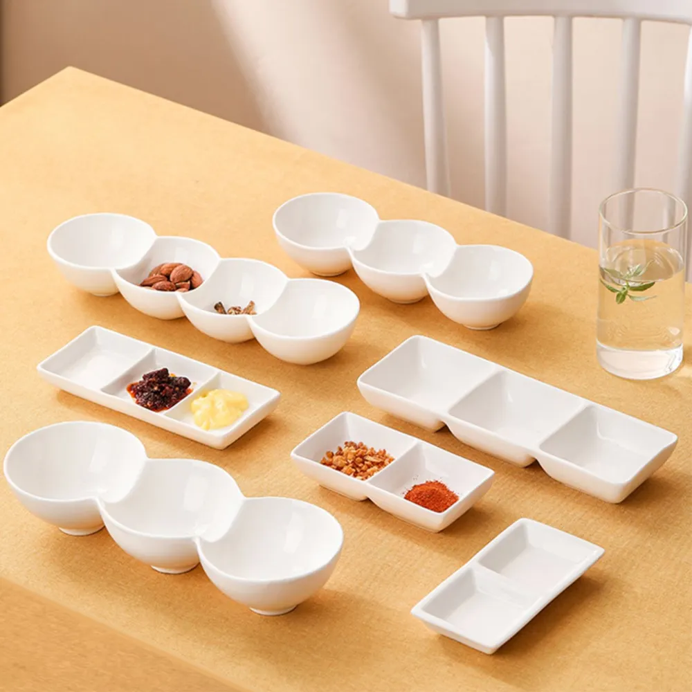Jinbaijia Hot Selling 3 Grid Barbecue Seasoning Vinegar Dish Porcelain Appetizer Serving Tray Ceramics Multifuncion Snack Bowls