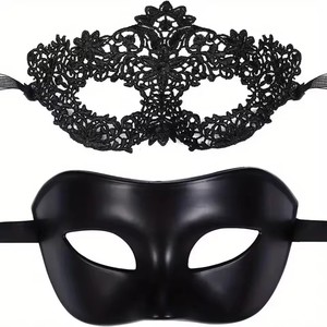 Set di 2 Eleganti Maschere in Pizzo Nero per Coppie - Perfetto per Feste Veneziane, Carnevale e Celebrazioni di Halloween - Product Image 1