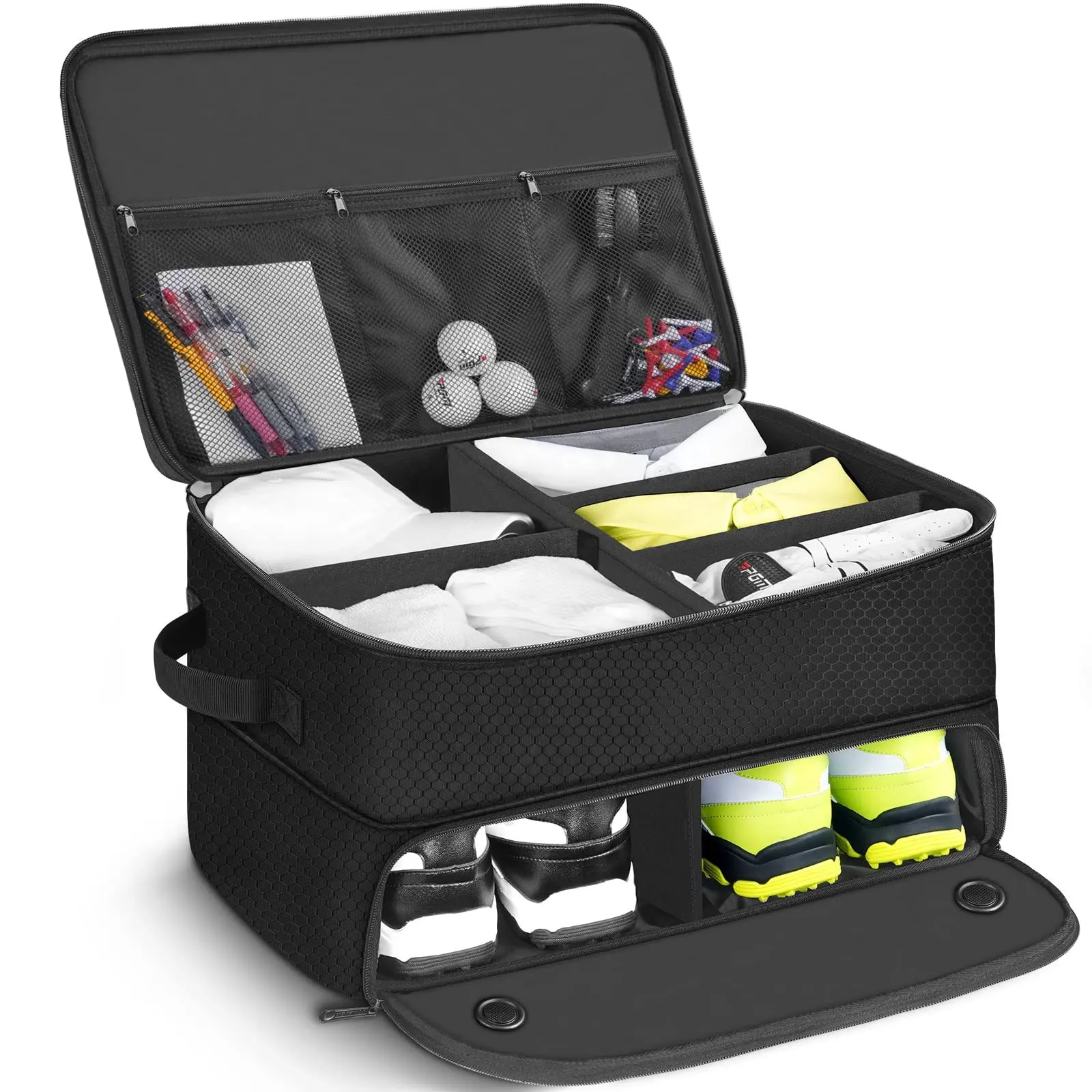 Organisateur de coffre de golf en polyester imperméable personnalisé avec rembourrage épais Accessoires de golf à 2 couches Sacs à chaussures de voyage