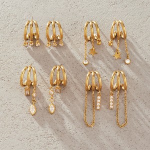 Boucles d'oreilles pendantes asymétriques en acier inoxydable en forme de C creux avec pampilles en zircon cubique, hypoallergéniques, classiques et élégantes pour femme - Product Image 6