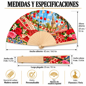 Abanico de Madera Clásico Pintado a Mano de 23 cm, Diseño Rosa de Abril, Abanicos de Madera Españoles para Flamenco, Regalo para la Feria de Abril - Product Image 2