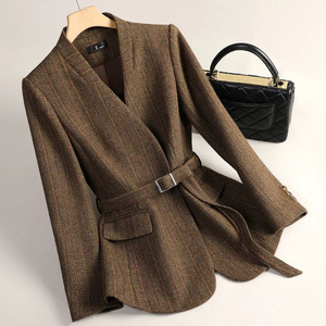 Women's Wool Blazer GDX1668 Coffee Color Slim Fit Autumn Winter Jacket With Belt For Office Wear - Product Image 1
