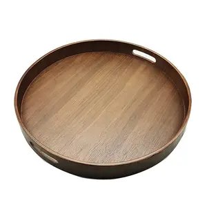 Bandeja de madeira do círculo de madeira do café da manhã confortável feito à mão com alça