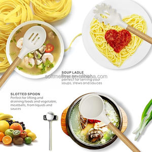 Kem trắng <span class=keywords><strong>Silicone</strong></span> Đồ dùng nấu ăn thiết lập với tay cầm bằng gỗ chịu nhiệt đồ dùng nhà bếp thìa không dính đồ nấu nướng BPA-free - Product Image 3