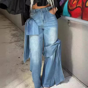 Jeans Femme Taille Haute Style Boyfriend Délavé Patchwork avec Nœud Respirant et Séchage Rapide Conception Cargo - Product Image 1