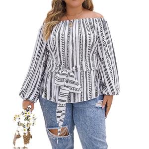 Camisa estampada de manga larga elegante Europea americana <span class=keywords><strong>para</strong></span> mujer de talla grande Chubby Girl, cuello redondo, patrón geométrico, poliéster - Product Image 5