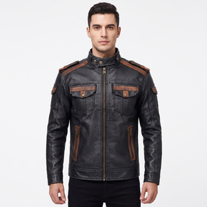 Men's Black Genuine Leather Eco-Friendly Winter Motorcycle Jacket Stand <b>Collar</b> Zipper Moto Biker Coat with Pockets - Product Image 1