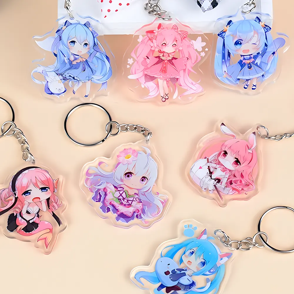 Anime Keychain bán buôn tùy chỉnh in Acrylic quyến rũ tùy chỉnh phim hoạt hình Acrylic Keyring rõ ràng màu sắc trong suốt mặt dây chuyền cắt laser