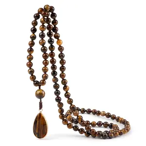 108 Mala Beads Necklace 8mm Natural Tiger Eye Hand Knotted Japan Mala Beaded Necklace with Stone or Tassel Pendant for Men Women