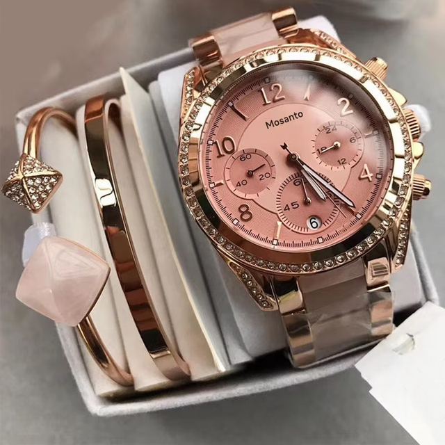 Elegant Women's Fashion Diamond Watch 39mm Waterproof Quartz Chronograph Date Display Stainless Steel Bracelet Ladies Luxury