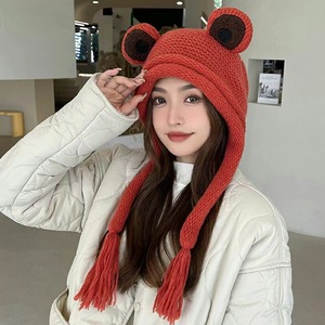 Bonnet d'<span class=keywords><strong>hiver</strong></span> pour <span class=keywords><strong>femme</strong></span> en 100% coton, bonnet en tricot doux avec oreilles de grenouille, avec cordon, non extensible, tissu commun - Product Image 6