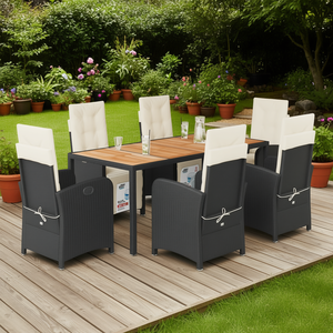 Conjunto de Comedor de Jardín de Ratán Negro, 6 Plazas, Reposapiés Ajustable, Muebles de Exterior de Estilo Contemporáneo, Mesa de Madera Maciza - Product Image 2
