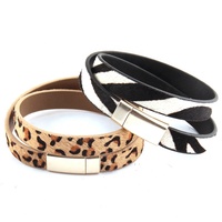 Bracelet en cuir véritable pour femme, style zèbre, fermoir magnétique, bracelet double tour, bracelet en cuir de queue de cheval léopard véritable, vente chaude