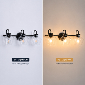 Modern 3 <b>Light</b> Bathroom Vanity Wall <b>Light</b> Matte Black Clear Glass Shade E26 Mirror <b>Sconce</b> OEM ODM Factory - Product Image 5
