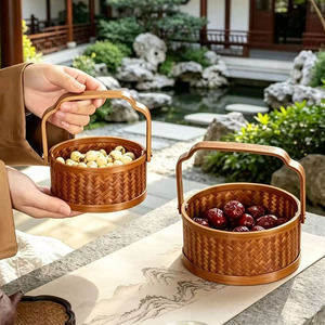 <b>Bamboo</b> Woven Basket Round Handheld Fruit Storage <b>Container</b> For Home Office Living Room Use - Product Image 1