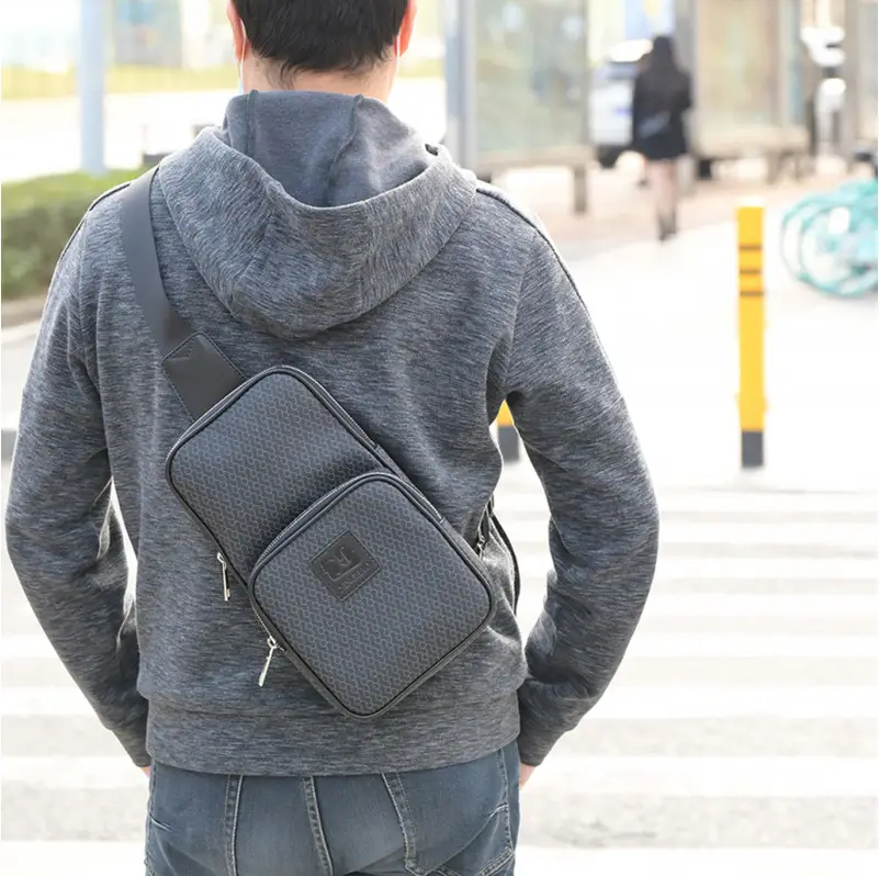 custom waterproof black PVC leather fashion mens sling bags travel crossbody chest shoulder bags