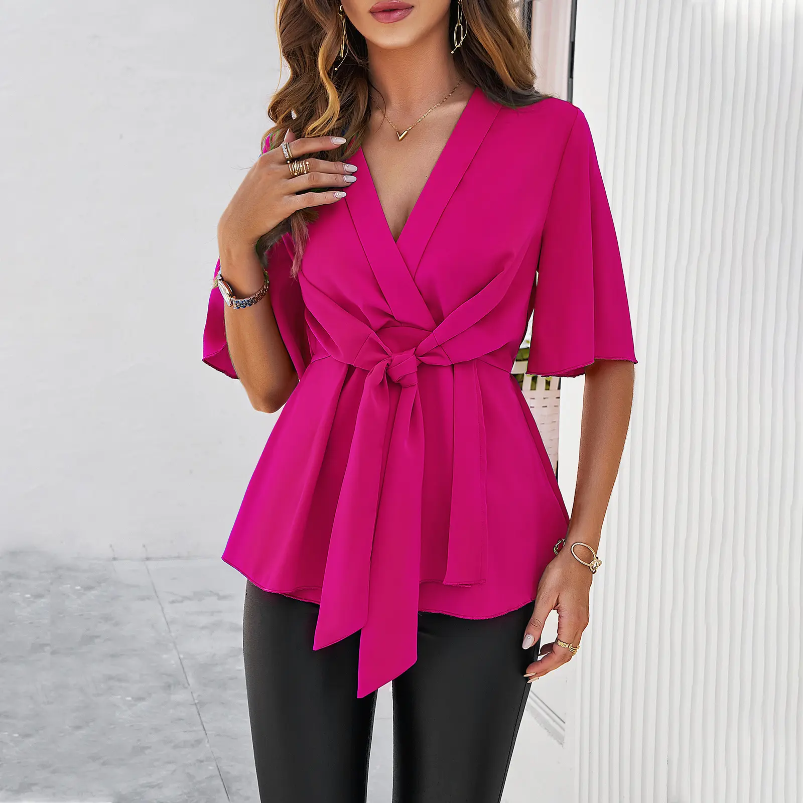 New Wholesale Customized Commuter Solid Color Casual Women's Short Sleeve Elegant Tie Corset Top