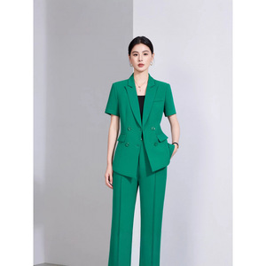 Women's Green Short Sleeve Double Breasted Blazer And Trousers Suit Set Formal Work Wear Commute Style Anti Wrinkle Worsted - Product Image 1