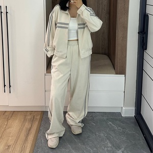 High Quality <b>Suede</b> Print <b>Women's</b> Autumn Jogger Set Custom Logo Side Stripe Hooded Zip <b>Jacket</b> Wide Leg Pants 2 Piece Casual - Product Image 4