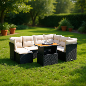 Conjunto de Sofá de Jardín Negro y Crema con Estructura de Ratán, Cojines de Espuma de Alta Densidad, Muebles de Exterior de Diseño Contemporáneo - Product Image 2