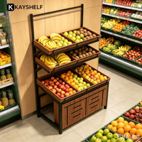Dubbelzijdig metalen MDF fruitdisplayrek met meerdere lagen, houten schappen voor supermarkt en groente- en fruitwinkels