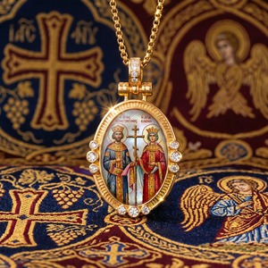 Colgante Ovalado de Madreperla con Icono Personalizado de San Constantino y Santa Eleno, Regalo Ortodoxo Griego, Latón con Oro de 18K y Circonitas, Suministros Religiosos - Product Image 1