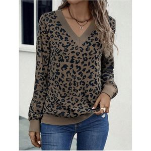 Women Leopard Print V Neck Long Sleeve Sweater Vintage Loose Pullover Tops Autumn Wear - Product Image 3