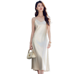 Champagne Slip Dress Women Mid Length Acetate Satin Elegant Inner Dress Seamless Solid Color Summer Style - Product Image 5