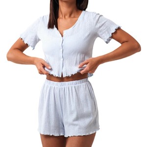 Custom New Style Women Girls <strong>Crop</strong> Buttons <strong>Ladies</strong> Short Pajama Set Women Summer 2 Piece Jacquard 100% Cotton <strong>Pyjamas</strong> Sleepwear - Product Image 1
