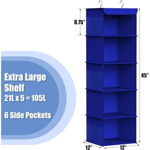 5 <b>Shelf</b> Hanging Closet Organizer Dark Blue Fabric Storage For Bedroom Clothing <b>Hook</b> Type - Product Image 3