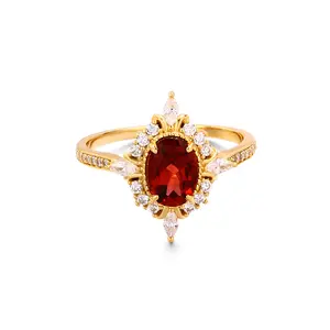925 Silver 14k Gold Plated Geometric Ring with Natural Garnet & Vintage Cubic Zircon - Elegant Handcrafted FIne Jewelry