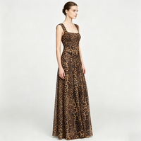 Robe longue marron imprimé léopard à col carré sans manches, élégante pour l'été, idéale pour les fêtes et les mariages, vêtement de mode féminin