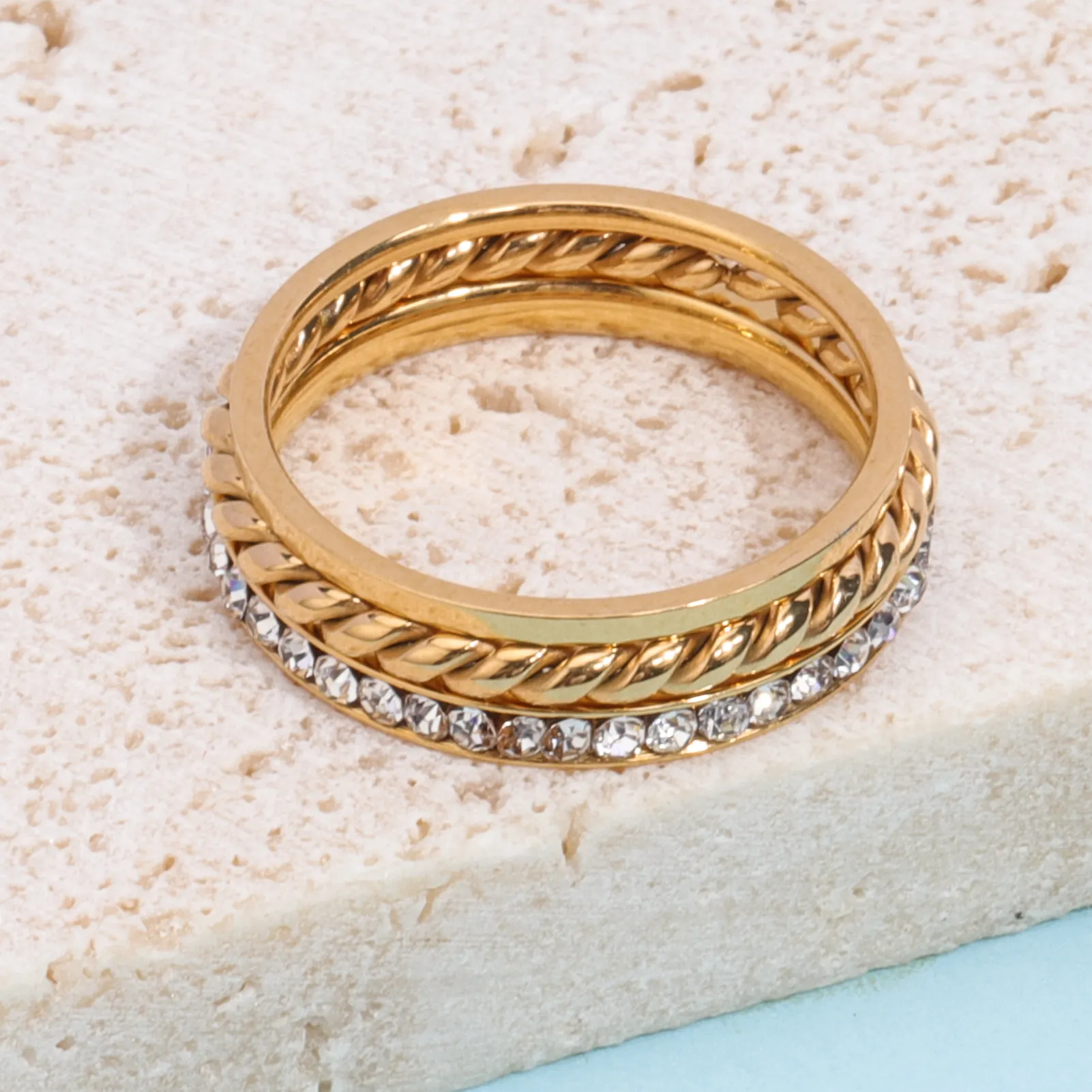 Commercio all'ingrosso minimalista placcatura in oro in acciaio inox anelli impilabili gioielli sottile Twist zircone anello da dito Set per le donne