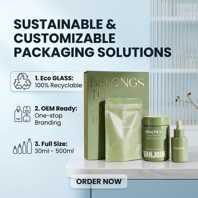 50ml 500ml Glass Capsule Pill Jar Custom Green Dropper Bottle Stand Zipper Pouch Bag 3 in 1 Combo Set for Hair Supplement Brands